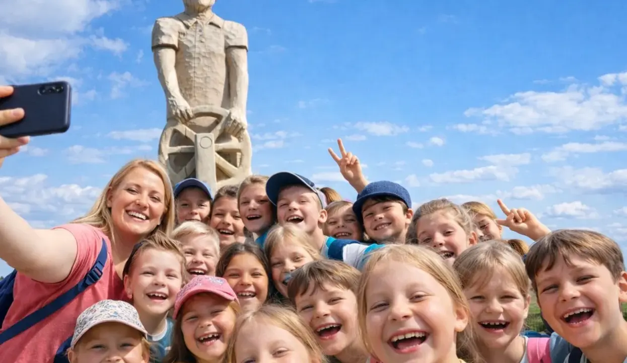Uśmiechnięta grupa dzieci i opiekunka robią sobie selfie pod drewnianym pomnikiem. Wspaniałe kościerzyna atrakcje dla dzieci!