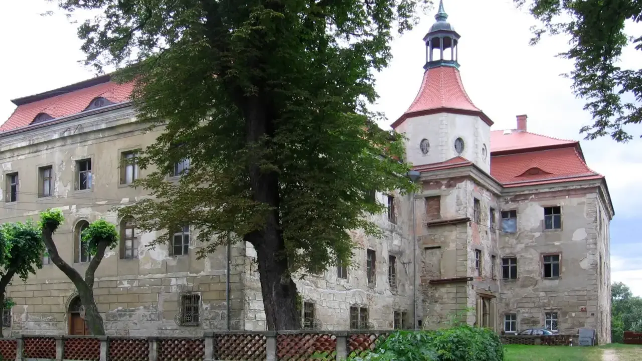 Zamek w Domanicach, zniszczony, z czerwoną dachem i wieżą, otoczony zielenią.