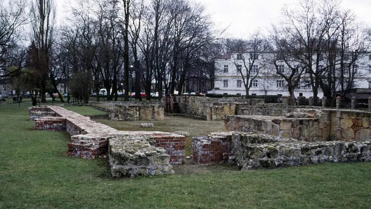 Ruiny zamku w Wieluniu, kamienne i ceglane mury na tle drzew i białego budynku.