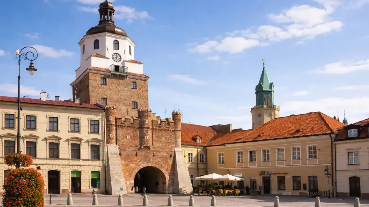 Brama Krakowska w Lublinie, symbol miasta, zaprasza do odkrywania lublin nietypowe atrakcje. W tle wieża zamkowa i kamienice.