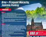 Program wycieczki do Brna, obejmujący zwiedzanie Jaskini Punkvy i Przepaści Macocha, z widokiem na zabytkową architekturę.
