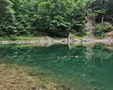Kamienne ruiny zamku nad spokojnym, zielonym jeziorkiem Daisy, otoczone gęstym lasem.