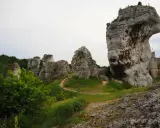 Skały wapienne i ruiny zamku na tle nieba. Jura Krakowsko-Częstochowska zachwyca krajobrazem.