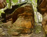 Wąwóz z piaskowca, porośnięty mchem i porostami, przypomina scenerię piekła niekłańskiego. Wąskie przejście między skałami, drzewa w tle.