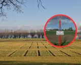 Najniższy punkt w Polsce, oznaczony tablicą informującą o poziomie depresji 1,8 m p.p.m., na tle pola i rzeki.
