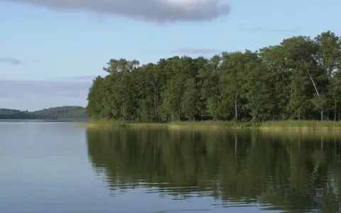 Spokojne jezioro najgłębsze w Polsce, z odbijającym się w wodzie gęstym lasem i błękitnym niebem z chmurami.