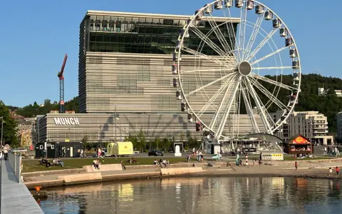Oslo atrakcje: Muzeum Muncha i diabelski młyn na nabrzeżu, gdzie ludzie odpoczywają nad wodą.