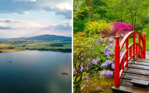 Piękny widok na jezioro i góry, a obok kwitnący ogród z japońskim mostkiem. Idealne miejsca, gdzie na spacer we Wrocławiu i okolicach.