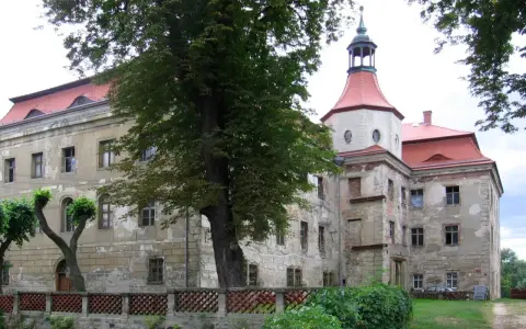 Zamek w Domanicach, zniszczony, z czerwoną dachem i wieżą, otoczony zielenią.