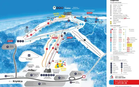 Mapa Jaworzyny Krynickiej: trasy narciarskie, wyciągi, parkingi i inne atrakcje.