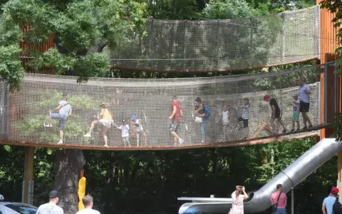 Wesoły park linowy dla dzieci z mostkami i zjeżdżalnią. Dorośli i dzieci bawią się na wysokości, ciesząc się letnim dniem.