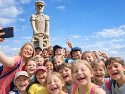 Uśmiechnięta grupa dzieci i opiekunka robią sobie selfie pod drewnianym pomnikiem. Wspaniałe kościerzyna atrakcje dla dzieci!