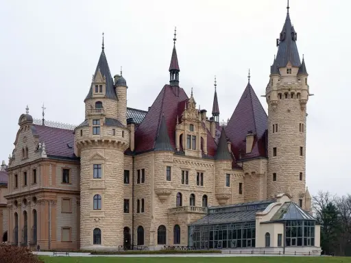 Zamek Książ, jeden z najpiękniejszych zamków w Polsce, z charakterystycznymi wieżami i czerwonymi dachami, otoczony zielenią.