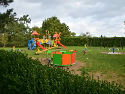 Kolorowy plac zabaw z karuzelą i huśtawkami, idealny dla dzieci odwiedzających farmę strusi Kniewo.
