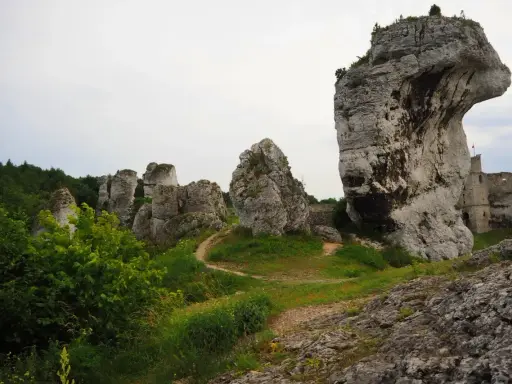Skały wapienne i ruiny zamku na tle nieba. Jura Krakowsko-Częstochowska zachwyca krajobrazem.