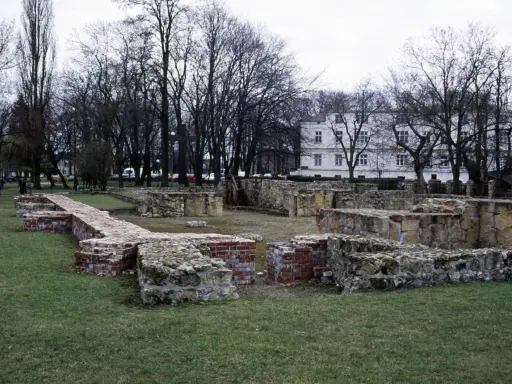 Ruiny zamku w Wieluniu, kamienne i ceglane mury na tle drzew i białego budynku.