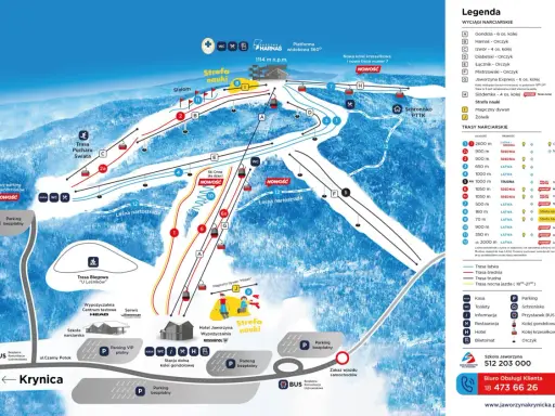 Mapa Jaworzyny Krynickiej: trasy narciarskie, wyciągi, parkingi i inne atrakcje.