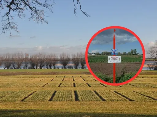 Najniższy punkt w Polsce, oznaczony tablicą informującą o poziomie depresji 1,8 m p.p.m., na tle pola i rzeki.