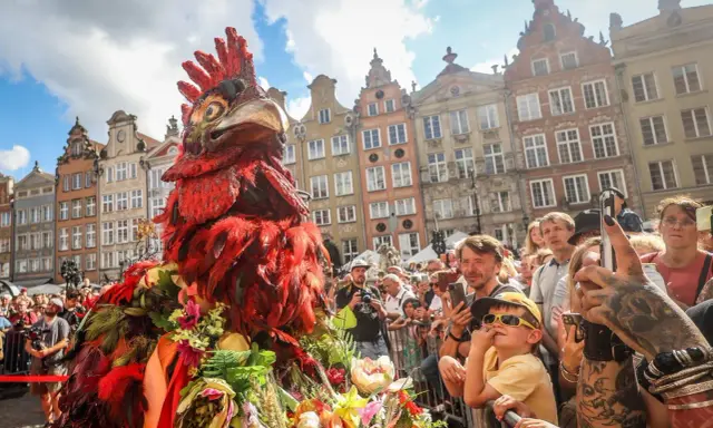 Kolorowy kogut na Jarmarku Dominikańskim w Gdańsku, tłum ludzi z aparatami, piękne kamienice w tle.