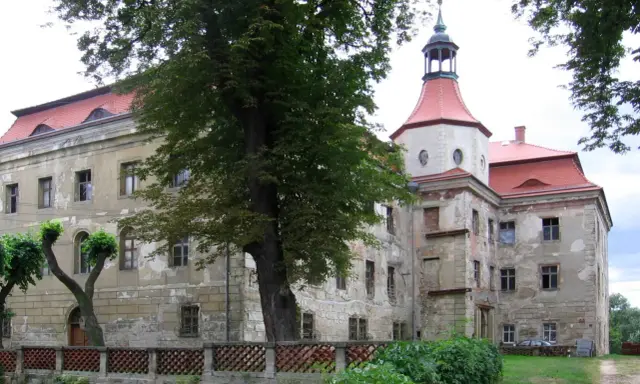 Zamek w Domanicach, zniszczony, z czerwoną dachem i wieżą, otoczony zielenią.
