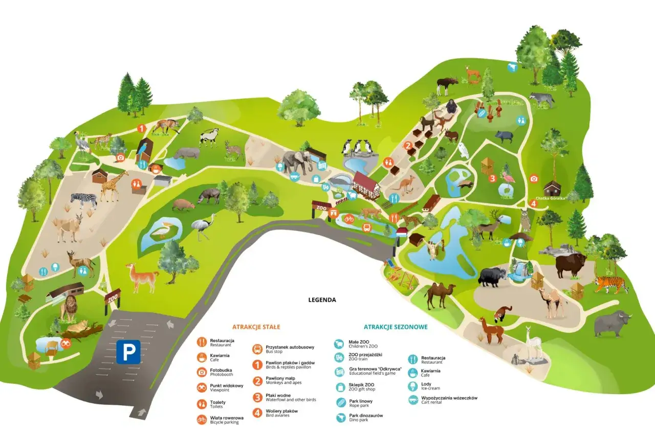 Mapa Parku Oliwskiego z zaznaczonymi zwierzętami, pawilonami, restauracjami i innymi atrakcjami.