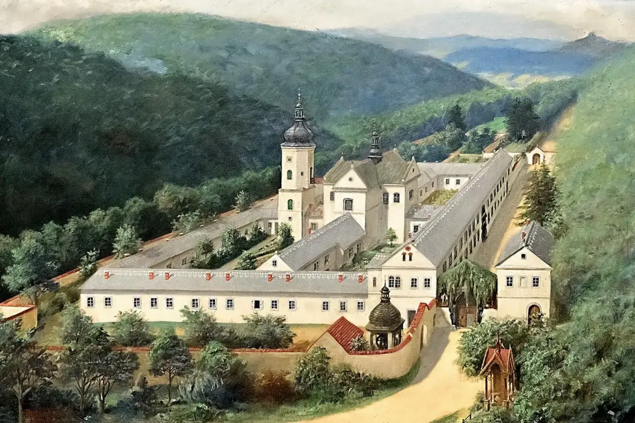 Malowidło przedstawia klasztor w g&oacute;rach, gdzie panuje spok&oacute;j. W oddali widać milczącego zakonnika, kt&oacute;ry kontempluje piękno natury.