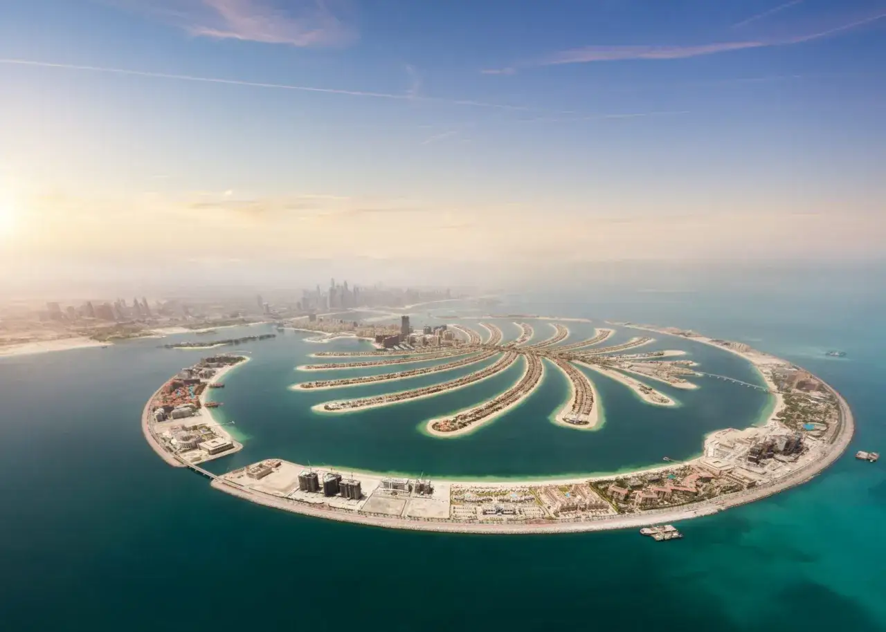 Palm Jumeirah, ikona Dubaju, to jedno z miejsc, które trzeba zobaczyć. Sztuczna wyspa w kształcie palmy z luksusowymi hotelami i willami.