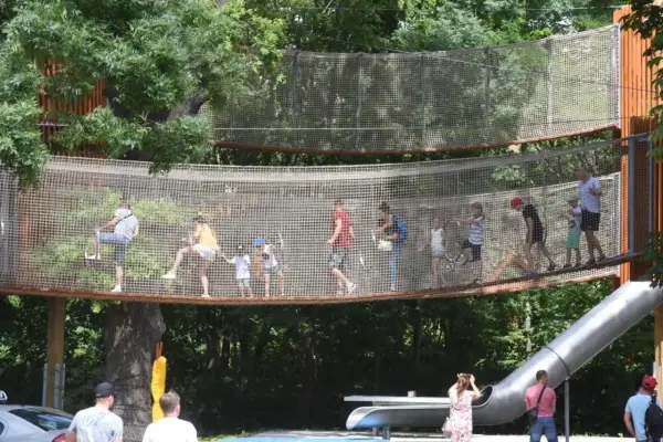 Wesoły park linowy dla dzieci z mostkami i zjeżdżalnią. Dorośli i dzieci bawią się na wysokości, ciesząc się letnim dniem.